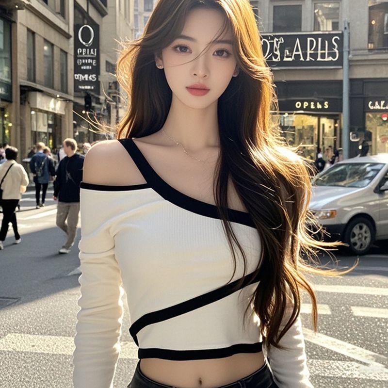 2024 Slim Fit Hollow Out Off-Shoulder Long-Sleeve T-Shirt for Early Autumn Fashion