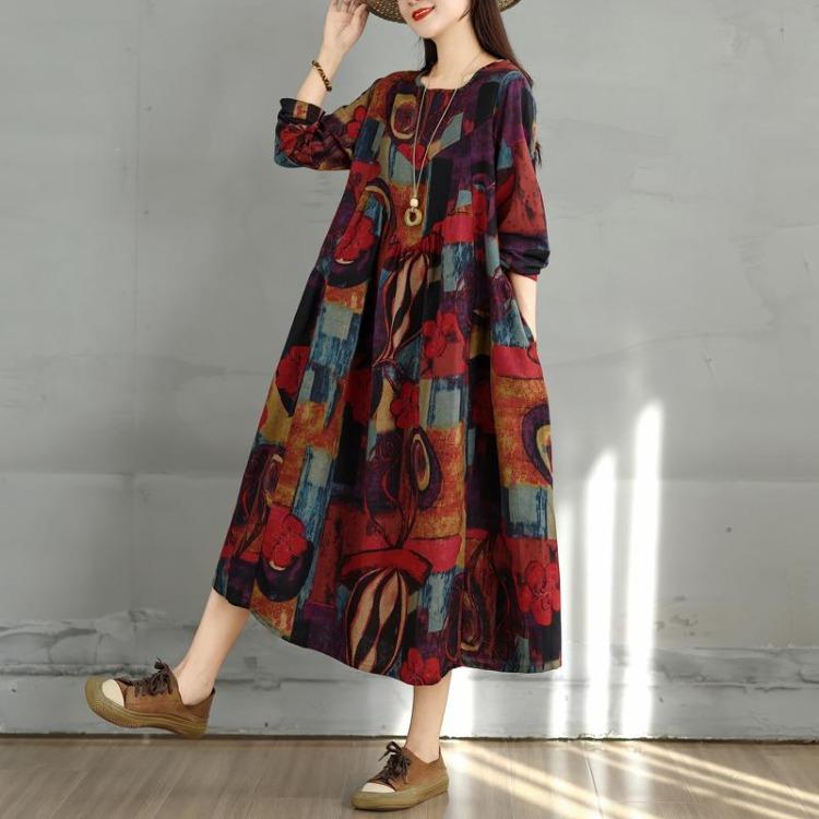 Spring Vintage Floral Print Plus Size Women Long Dress Oversize Loose Basic Casual Long Sleeve Maxi