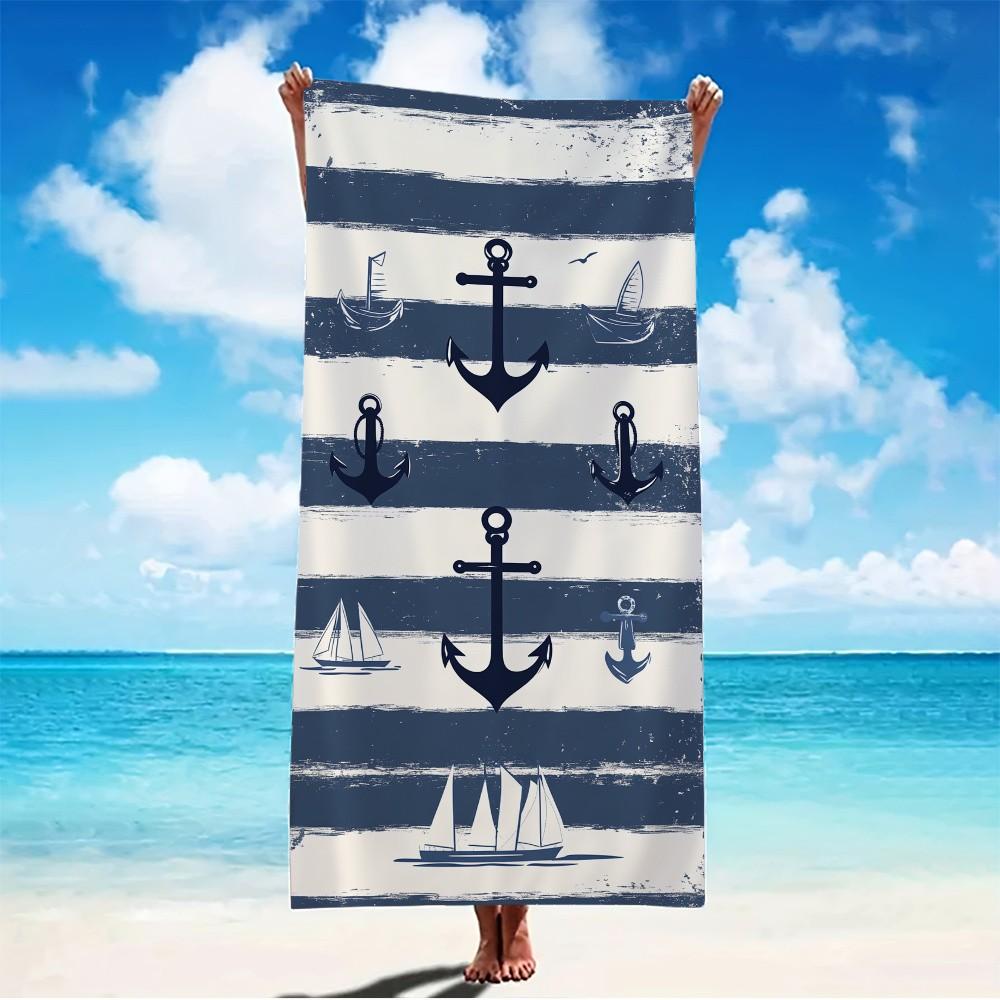 Dalangpa White Nautical Anchor Sailboat Striped Beach Towel Patterned Sunscreen And Windproof Suitable For Swimming Pool Camping Travel Blanket