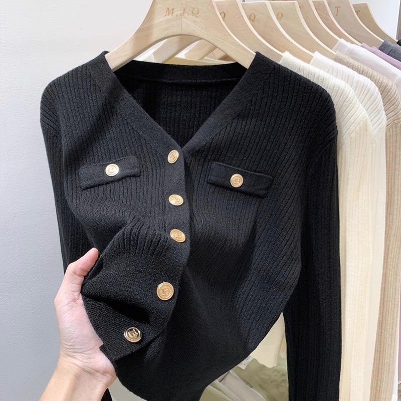 French Soild Elegant Knitted Cardigan Women Casual V-neck Base White Long Sleeved Sweater Tops Spring Autumn 2025