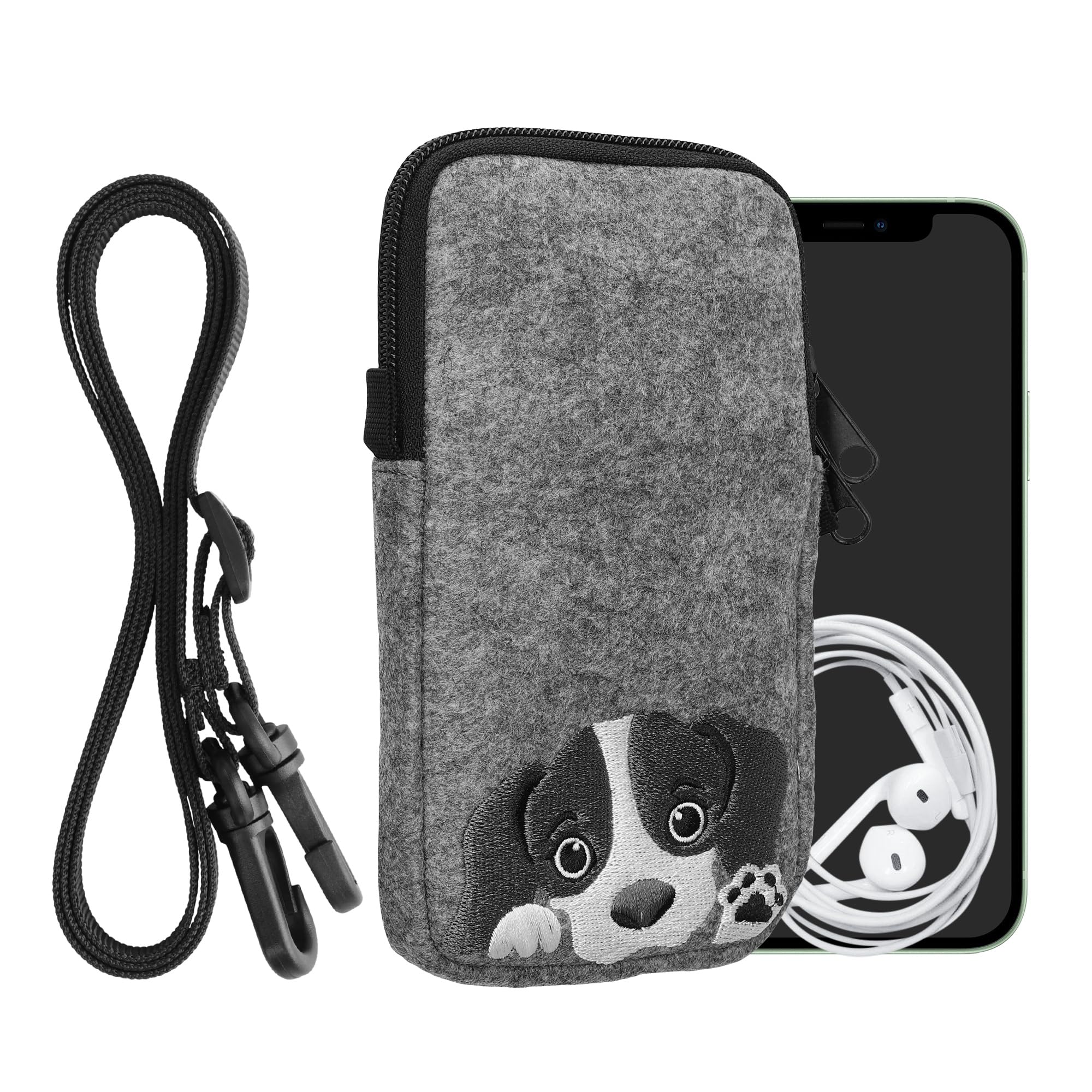 

kwmobile Smartphone Shoulder Large Fits Felt Neck Strap Protective Case with Curious Dog Design Bag, - 6.5 -