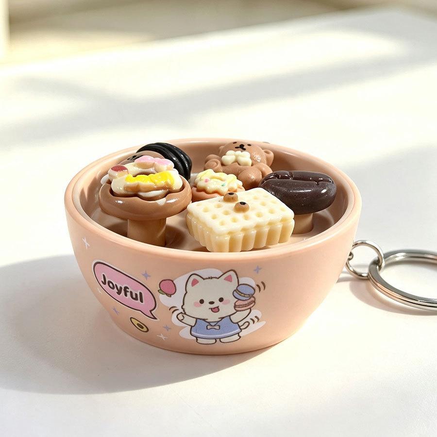 Plastic Mini Bread Squeeze Toy Keychain With Cartoon Pattern For Kids And Teens