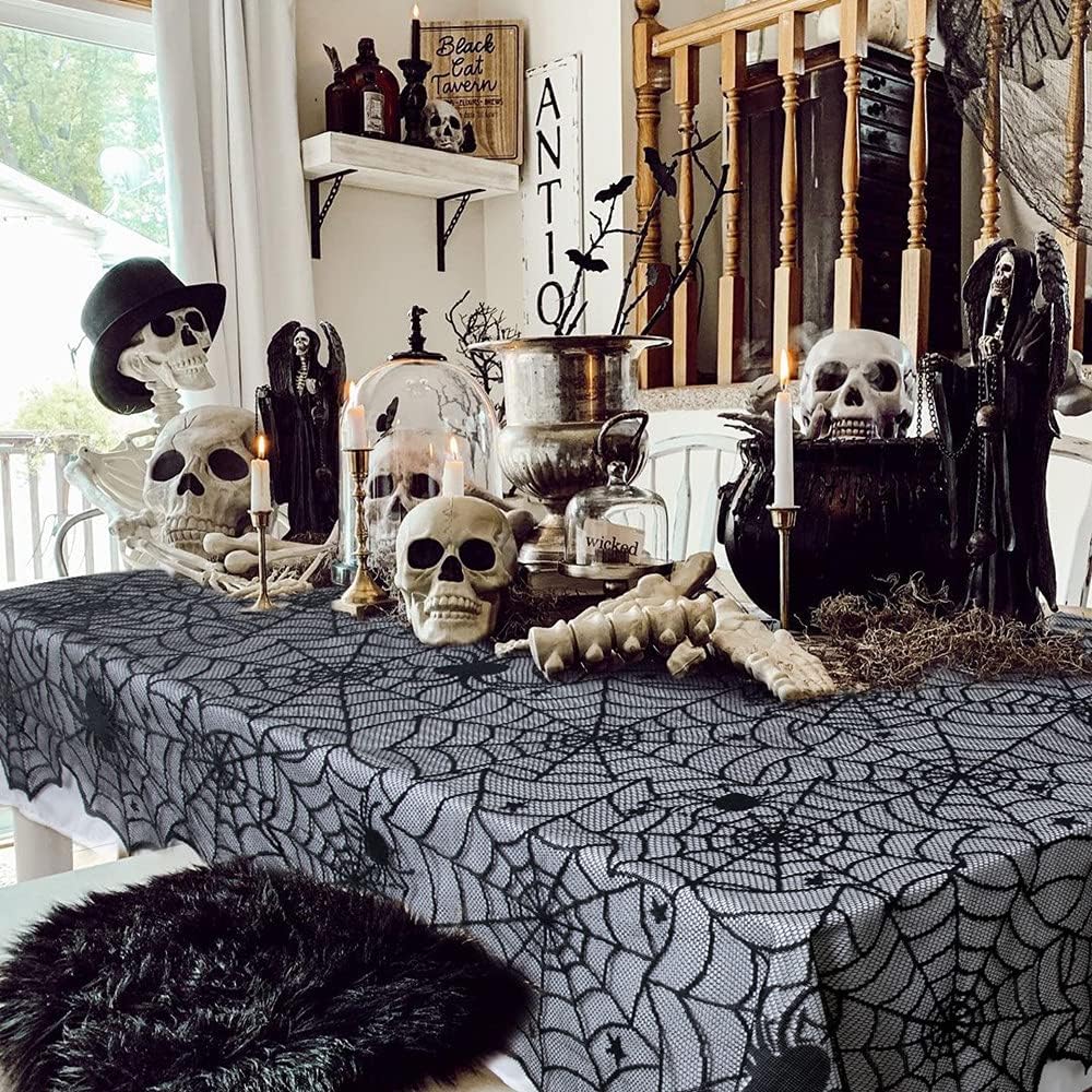 Halloween Black Lace Tablecloth Spider Cobweb Cover LuoluoHouse Elegant Horror Masquerade Party Scary Movie Night Table Decor