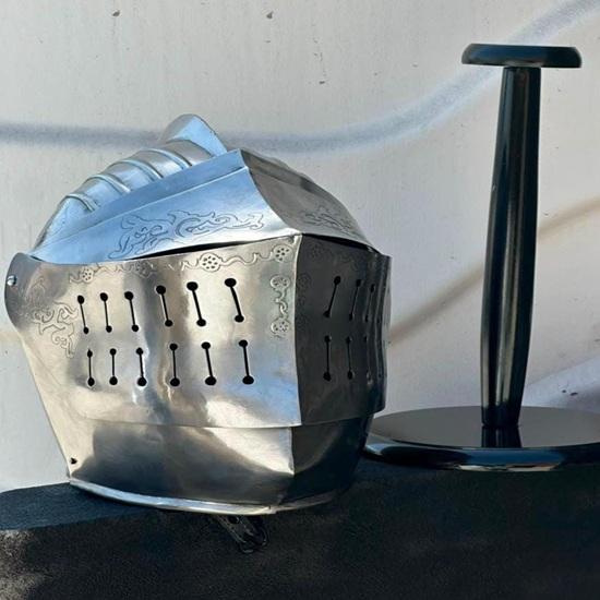Medieval Engraved Helmet Steel Knight Bascinet Visor Helmet Battle Ready LARP Cosplay Crusader Costume