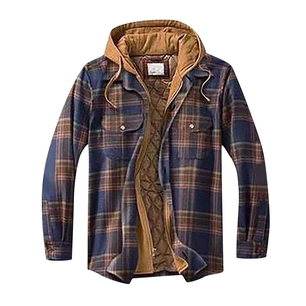 Gestepptes, gefüttertes, kariertes Button-Down-Hemd für Herren. Mit Samt versehen, um warm zu bleiben. Jacke mit Kapuze(Nicht positionierendes Drucken)