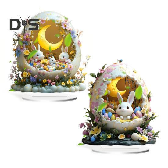 Påskehare Ornament 2D Flat Akryl Måneblomst Fargerikt Egg Kanin Bordskilt Vår Hjemmekontor Stue Soverom Skrivebordsdekorasjon