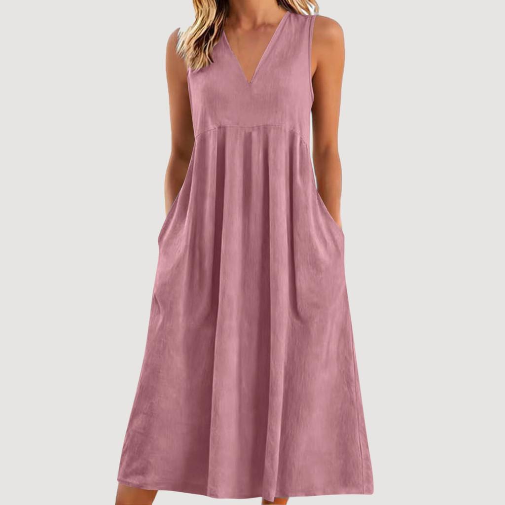 Cotton Sleeveless Vneck Dress With Color Block Pleats For Casual Wear