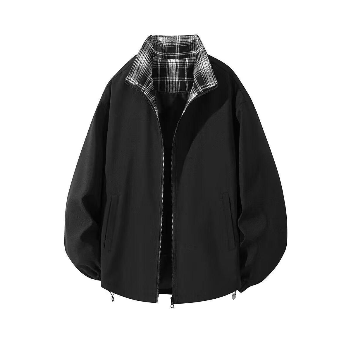 

Spring & Autumn Plaid Stand-Up Collar Jacket - Casual American Trend, Loose Fit for Couples M чорний