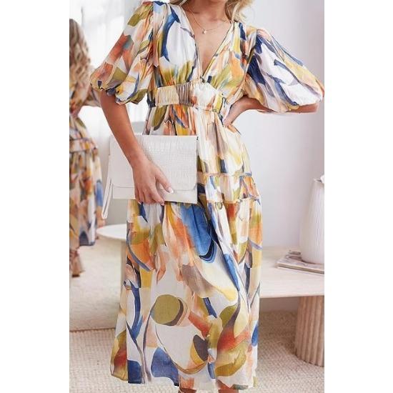 

GMXIA Women s Boho Floral Midlength Dress Pleated Beach Floaty Dress S