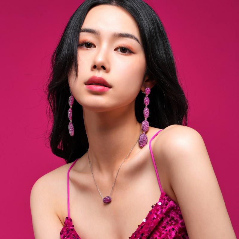 APM Monaco necklace [Romantic Confession] Rose Red Pink Sweet Love Pavé Zirconia Sweet and Exquisite Sparkling Necklace + long earrings F Endless love