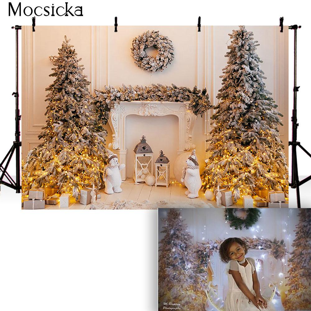 Christmas Tree Stairs Photography Backdrops Wooden Floor Fireplace Portrait Vinyl Photographic Background Photocall Photo Studio