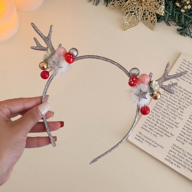 

Silver Feather Antler Headband with Glitter Bow & Pearl Clip - Christmas Holiday Photo Prop One Size