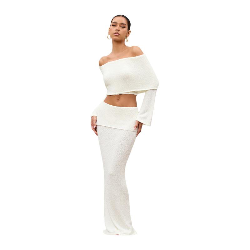 European and American fashion suit women's one-word shoulder long-sleeved top skirt two-piece suit women
