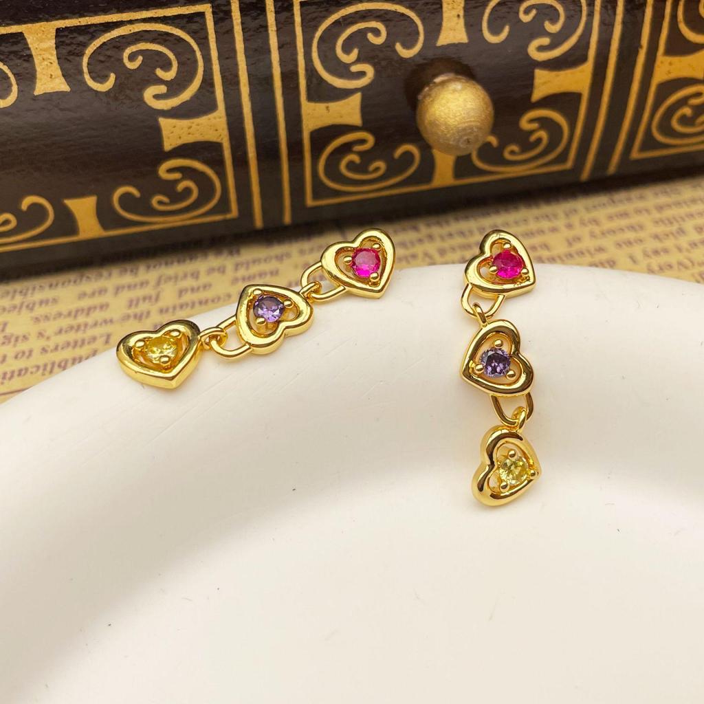 Korean Style Colorful Zircon Heart Tassel Earrings for Women