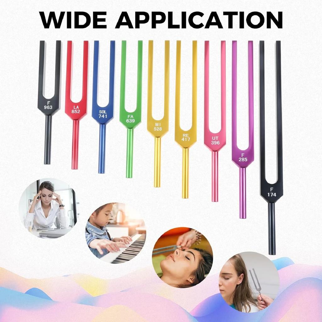 9-delige Solfeggio Stemvorken Kit 174/285/396/417/528/639/741/852/963Hz Genezende Vorken Set met Siliconen Hamer en Tas Zilver/goud