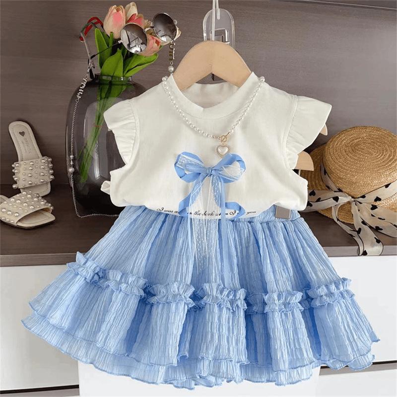 Girls Summer Fashion Two Piece Set Bow Tie Flutter Sleeve Short Sleeve Plaid Skirt Casual Outfit 90cm