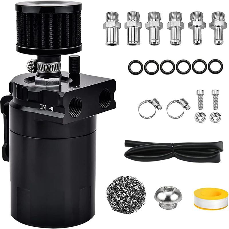 

Универсальный алюминиевый маслоуловитель с перегородками, маслоотделитель с сапунным фильтром 300 мл - подходит для легковых и грузовых автомобилей чёрный