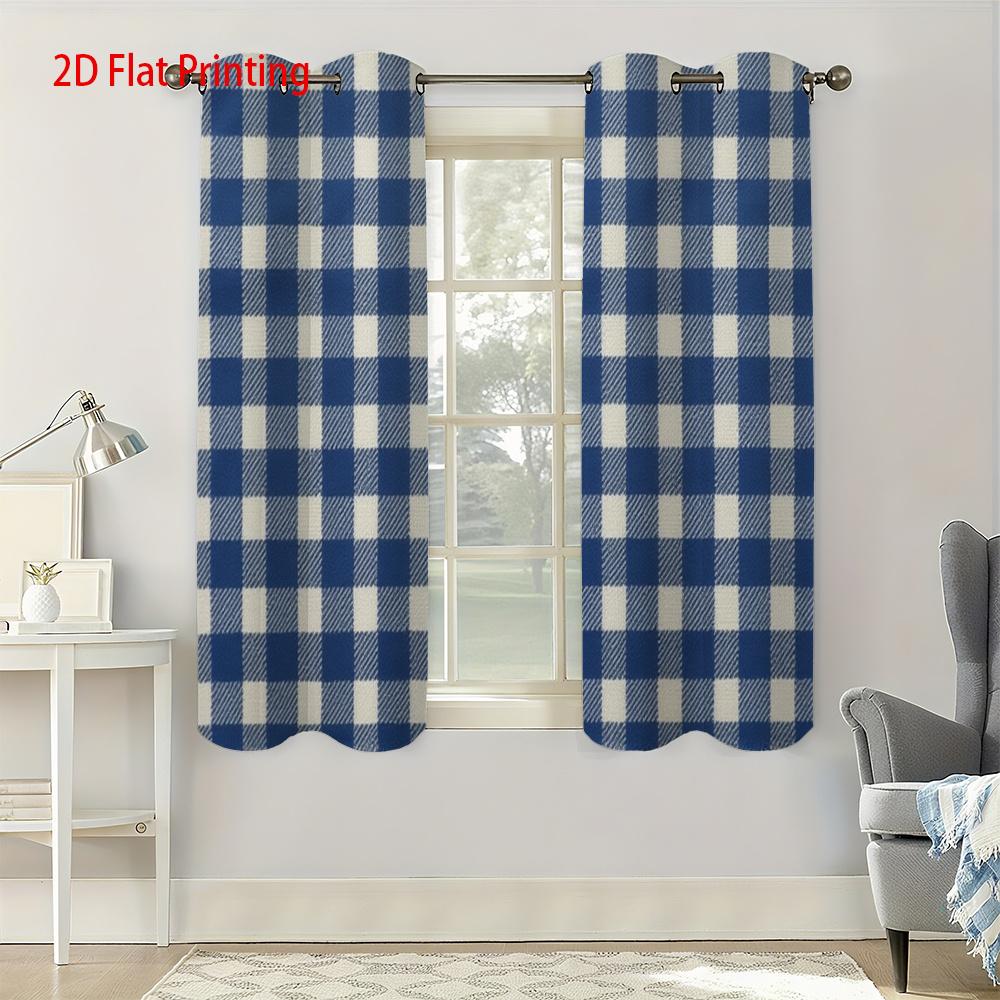 2D Flat   2pcs   2D Flat Printing Curtains   Blue White Checkered Pattern for Home Decor - Punch Hole Velvet Fabric Drapes in Livin
