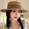 Women Summer Straw Hat French Elegant Flat Top Wide Brim Sun Hat Travel Beach Female Panama Sunscreen Cap
