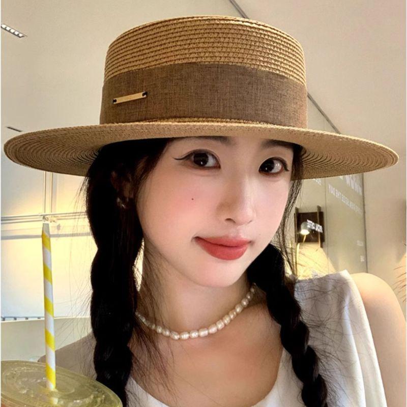Women Summer Straw Hat French Elegant Flat Top Wide Brim Sun Hat Travel Beach Female Panama Sunscreen Cap