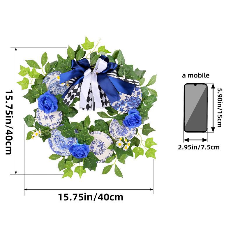Blue And White Porcelain Dead Branch Wreath Blue Rose Simulation Wreath Outdoor Courtyard Decoration Door Hanging