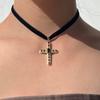 Goth Goth Cross Necklace Round Zircon Pendant Ribbon Cloth Collarbone Chain Black Gem