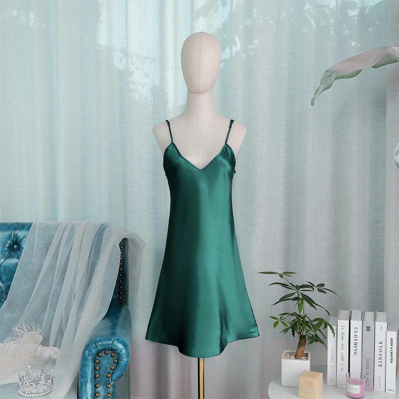 

Женская летняя шелковая ночная рубашка: Сексуальный, Регулируемые бретели, Цельный L темно-зеленого