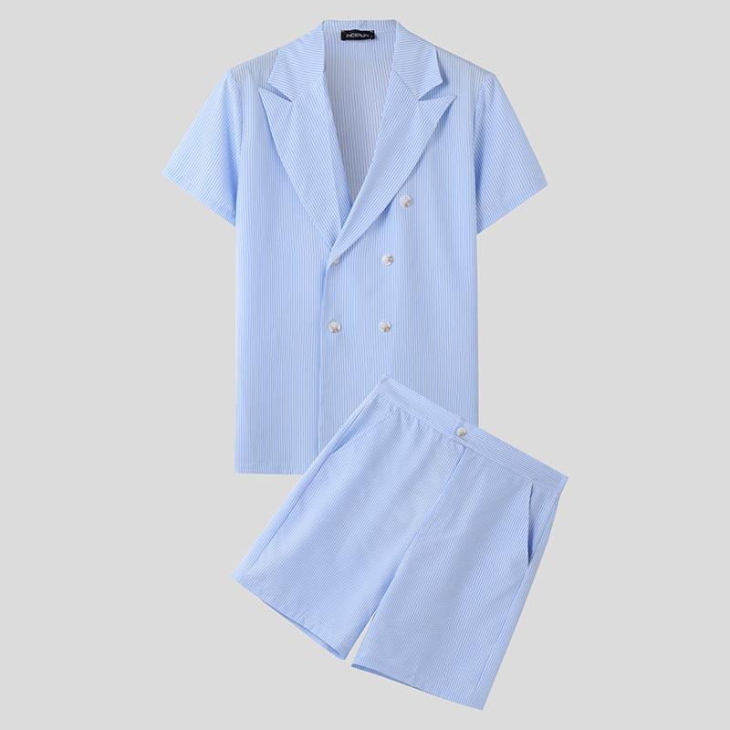 

INCERUN Two Piece Suit Men Lapel Short Sleeve Striped Tops Short Pants Casual Sets Outfits 4XL синий