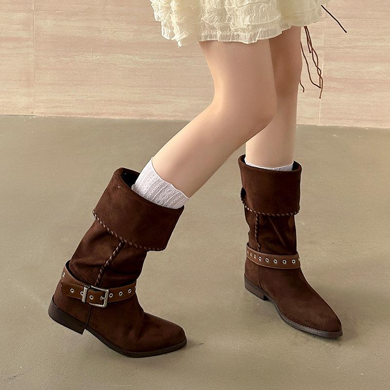 

Retro stacking boots 2025 autumn and winter new thick heel buckle western cowboy british style knight boots casual boots 40