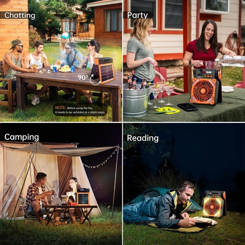 Solar Camping Fan with Lantern Rechargeable Operated Fan 18H Run Time Max 4 Speeds Timer 90° Adjustable Portable Desk Fan for Power Outage Outdoor Use