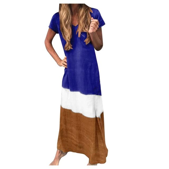 Summer Striped Print Casual Dress Women's V-neck Short Sleeve Vintage Dresses for Women Plus Size Beach Boho Loose Maxi Dress