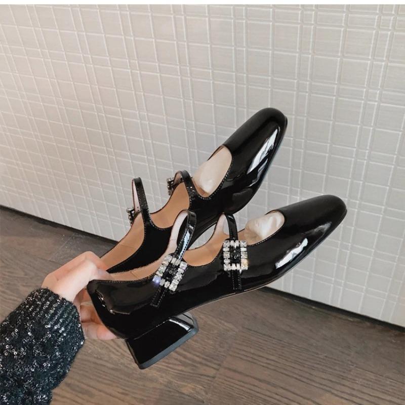 Sheepskin version~ Square head leather rhinestone shoes with shallow mouth single shoes women's thick heel retro Mary Jane shoes