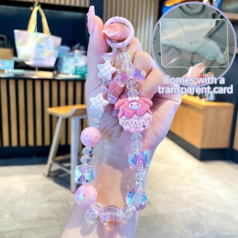 Kawaii Sanrio Hello Kitty Phone Chain W/Card Kuromi Cinnamoroll My Melody Beads Keychain Bowknot Anti-Lost Wrist Strap Bag Decor