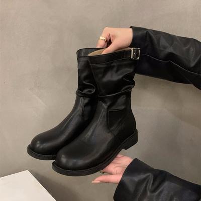 Herbst Neue Damen Ritter Mid-Calf Stiefel Mode Trend Schnalle Dicke Sohle Kurze Stiefel Rutschfest Bequeme Damen Lederschuhe
