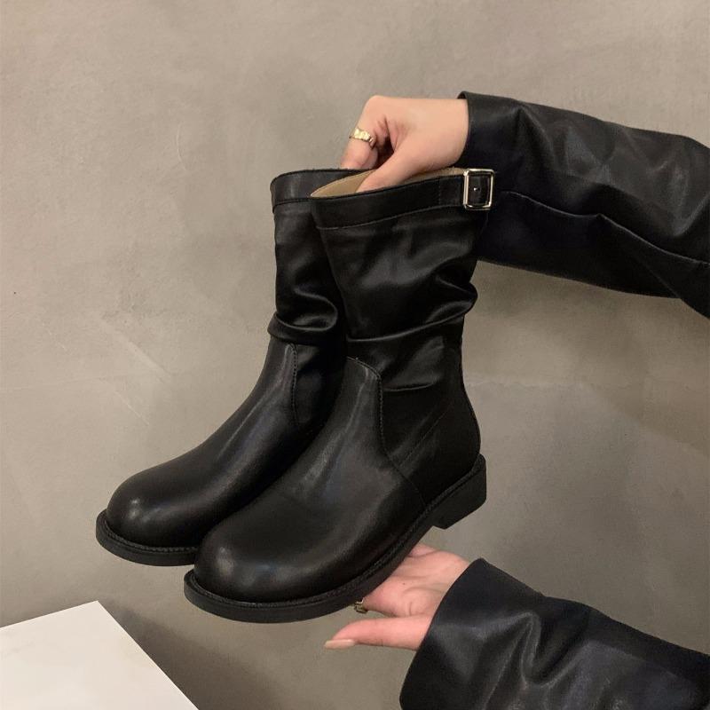 Autumn New Women's Knight Mid-calf Boots Fashion Trend Buckle Thick Bottom Short Boots Non Slip Comfortable Women Leather Shoes