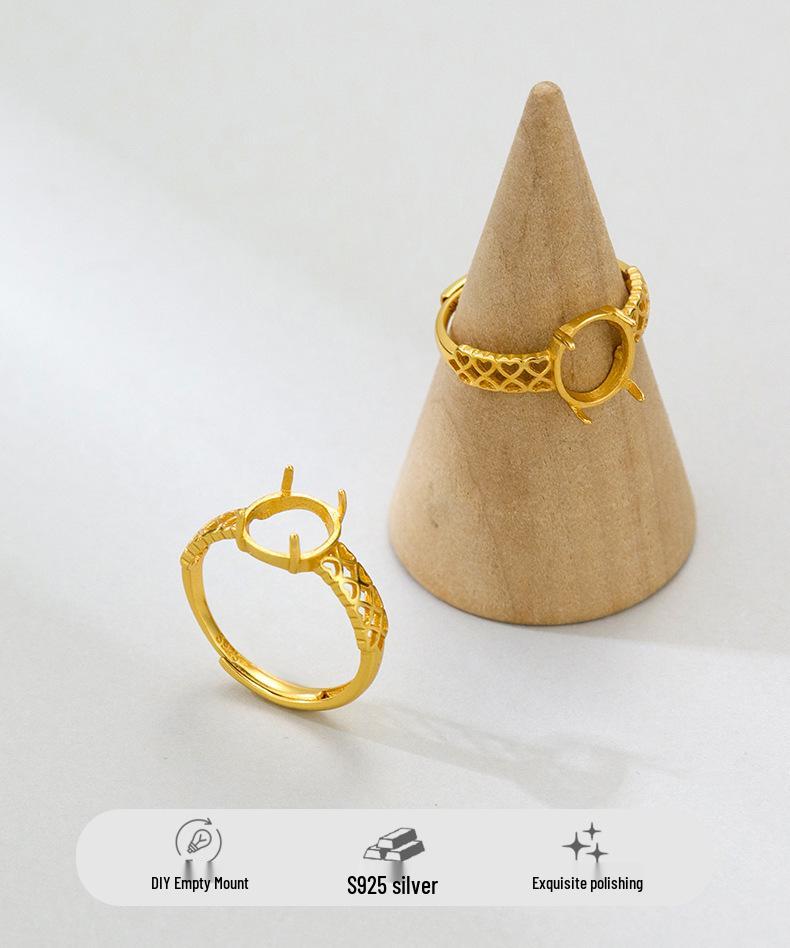 Vergoldeter S925er Sterling Silber Verstellbarer Krappenfassung Ring, 8,5 mm Hohl Rund Einfaches Mode Design.