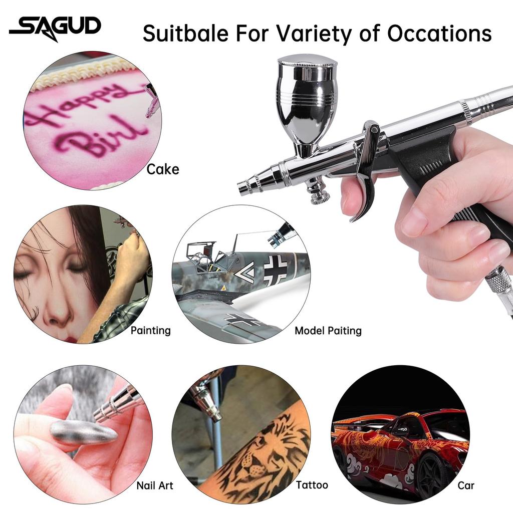 SAGUD Airbrush Gun Set, Single Action Airbrush Pen with 0.3mm, Spare 0.5 and 0.8mm Needles, Airbrush Hose, and 2CC/5CC/13CC Cup Kit