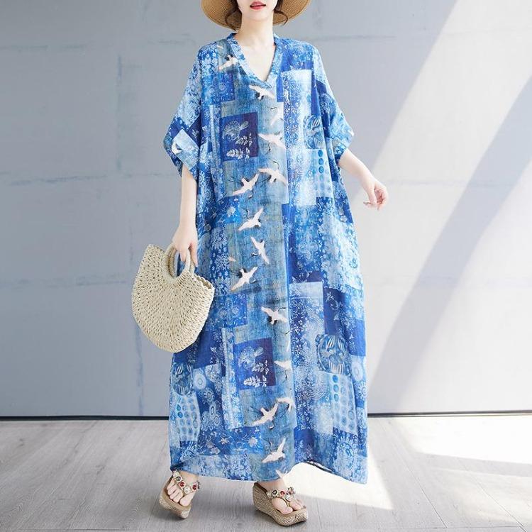 New Summer Vintage Blue Maxi Dress Oversized Casual Loose Basic Plus Size Women Dress One Size