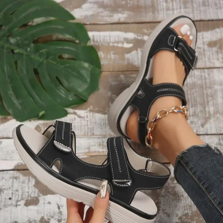 Summer 2025 Women's Sporty Wedge Heel Genuine Leather Sandals - Soft, Lightweight, Velcro, Plus Size Slippers.
