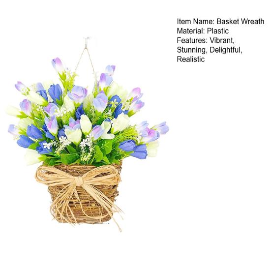 Spring Tulip Door Hanger Basket Wreath for Front Door Artificial Tulip Hanging Floral Wreath with Woven Basket And Bow