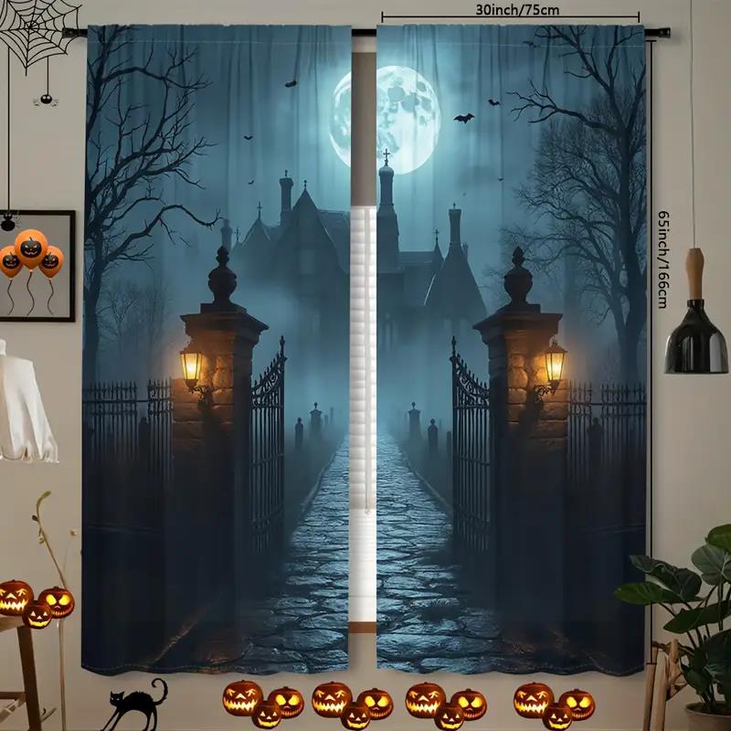 

2 шт.- Хэллоуинские готические шторы с принтом ночного замка, с кулиской, домашние украшения, украшения для комнаты 29Wx64L(75x166CM)x2