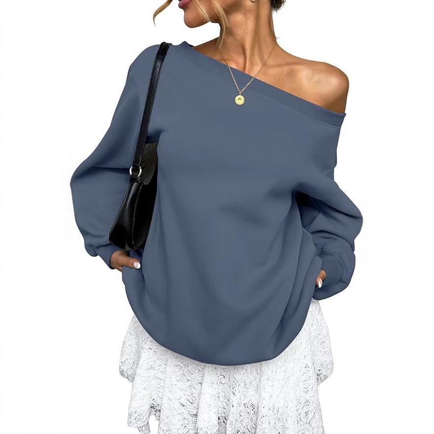 Women's Off Shoulder Long Sleeve Sweatshirt Loose Fit Casual Solid Color Pullover Top