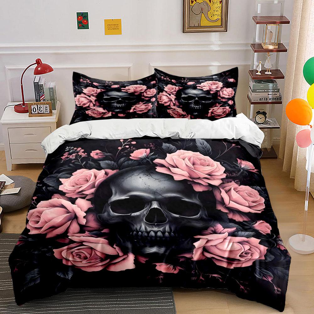 Skull and Pink Roses Design Bedding Duvet Cover Set (1*Duvet Cover 2*Pillowcases, Without Duvet Insert)