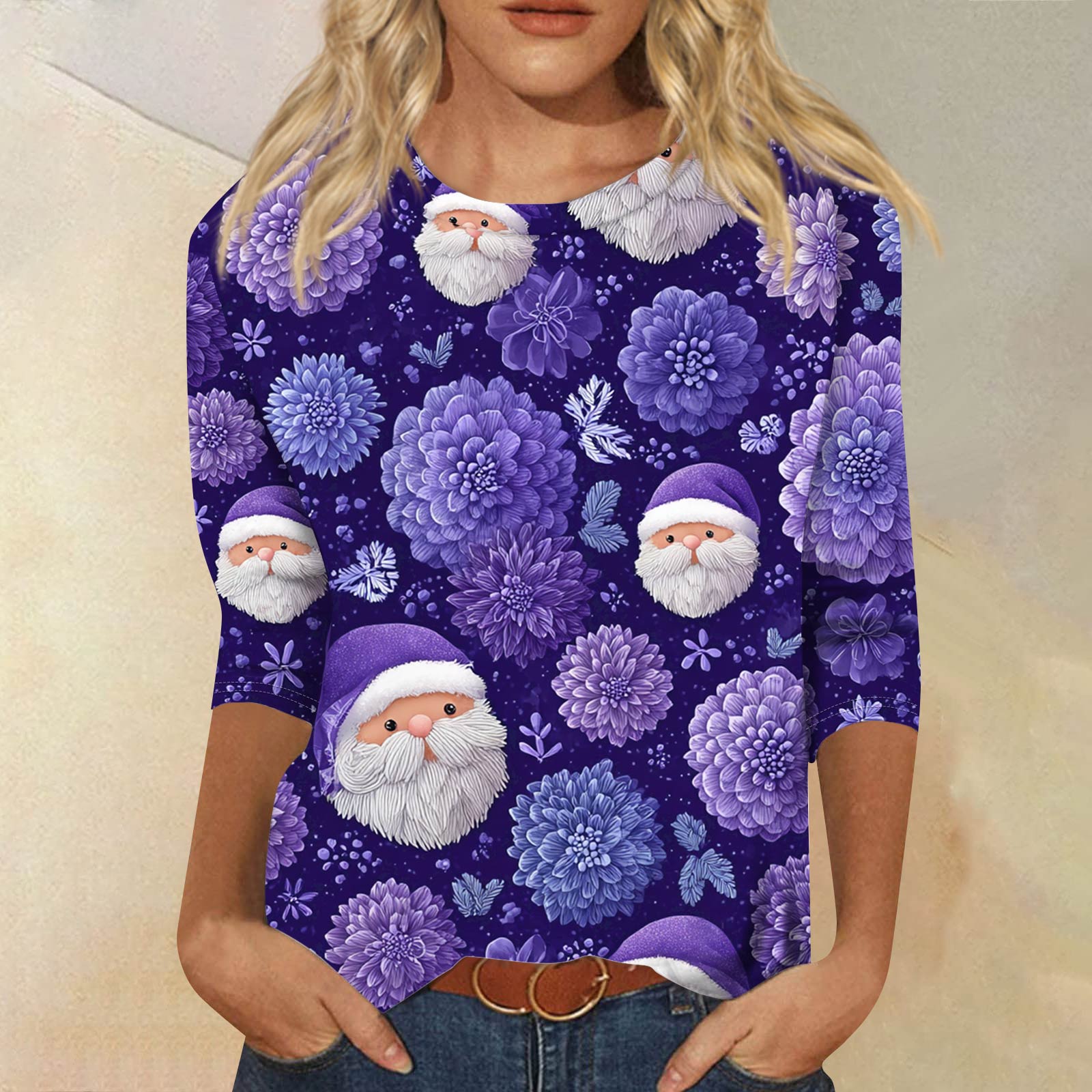 

Женская модная повседневная свободная футболка с круглым вырезом и рукавами 3/4 с принтом, женский топ XL фиолетовый