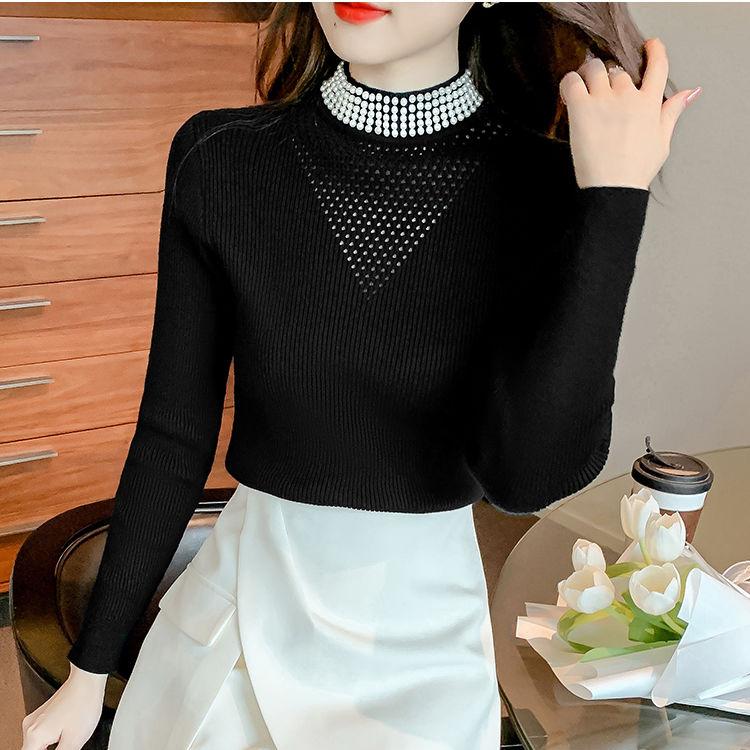 Women High Neck Sweater Slim Beaded Stretch Knit Sweater Fall and Winter Long Sleeve Pullover Knit Top