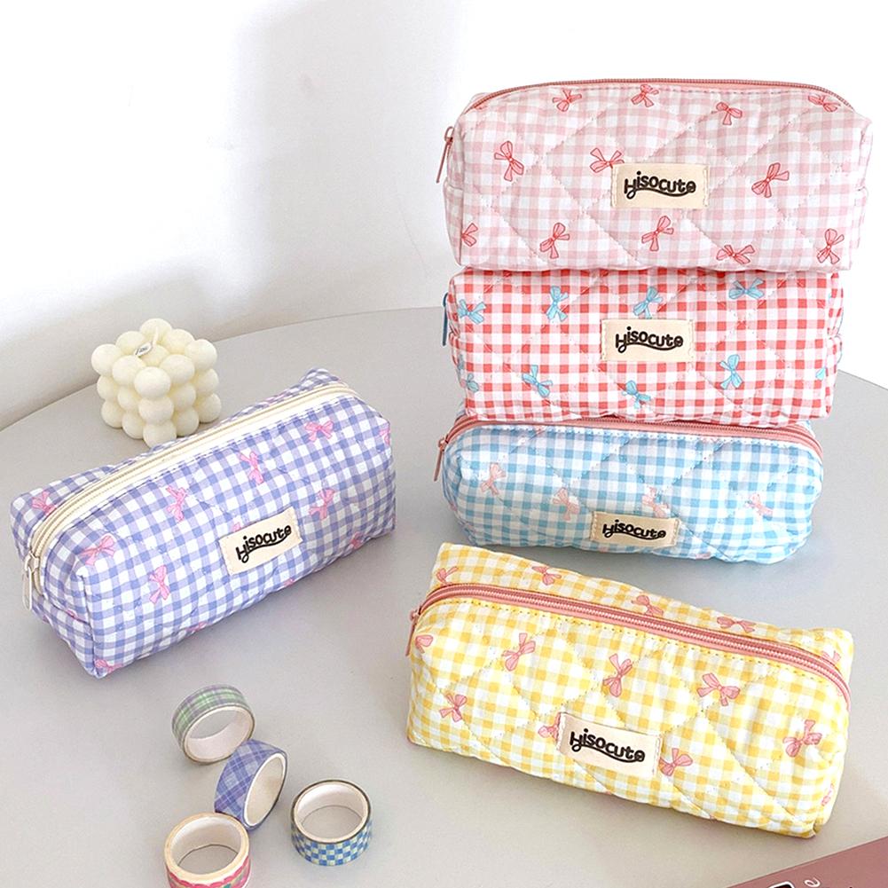 Cute Color Blocking Checkered Pencil Case, Girls' Stationery Storage Bag, Large Capacity Cosmetics and Miscellaneous Storage Bag