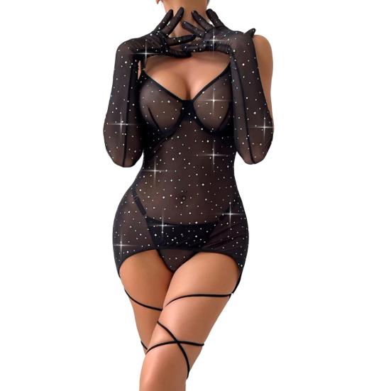 Sexy Mesh Mini Bodycon Dress for Women Sparkly Glitter Sequins Sheer See Through Cami Dress with Thong And Long Gloves