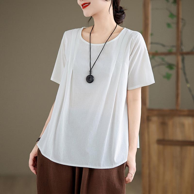 Retro Cotton Linen Short Sleeve Round Neck Top - Summer Solid Color Linen T-shirt