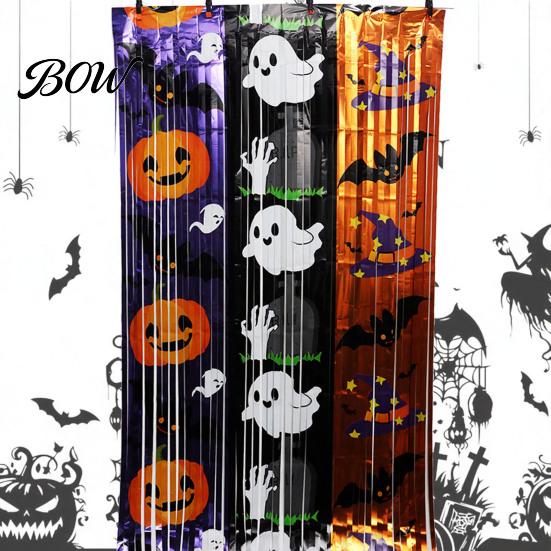 Holiday Party Backdrop Foil Fringe Curtain for Halloween, Orange Purple Black Background Spooky Decor Photo Booth Props, Pumpkin Ghost Bat Halloween
