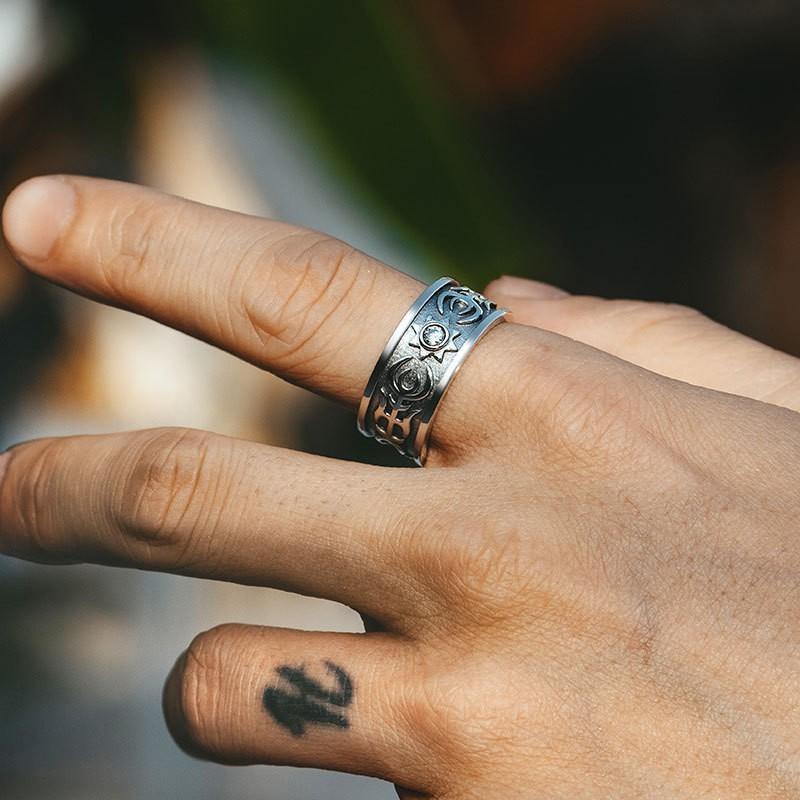 Adjustable Open Ring Men Women Vintage Sun Relief Carved Geometric Plated Statement Band